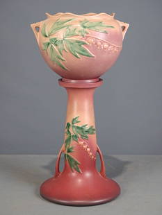 Roseville Jardiniere and Pedestal: Roseville Jardiniere and pedestal. Barbara Packer Collection. 26" Ht.. Good condition, no chips or cracks.