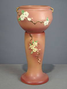 Roseville Jardiniere and Pedestal: Roseville Jardiniere and pedestal. Barbara Packer Collection. 25" Ht.. Crazing throughout, otherwise good condition.
