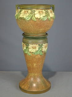 Roseville Jardiniere and Pedestal: Roseville Jardiniere and pedestal. Barbara Packer Collection. 31" Ht., old rim repair, otherwise good condition.