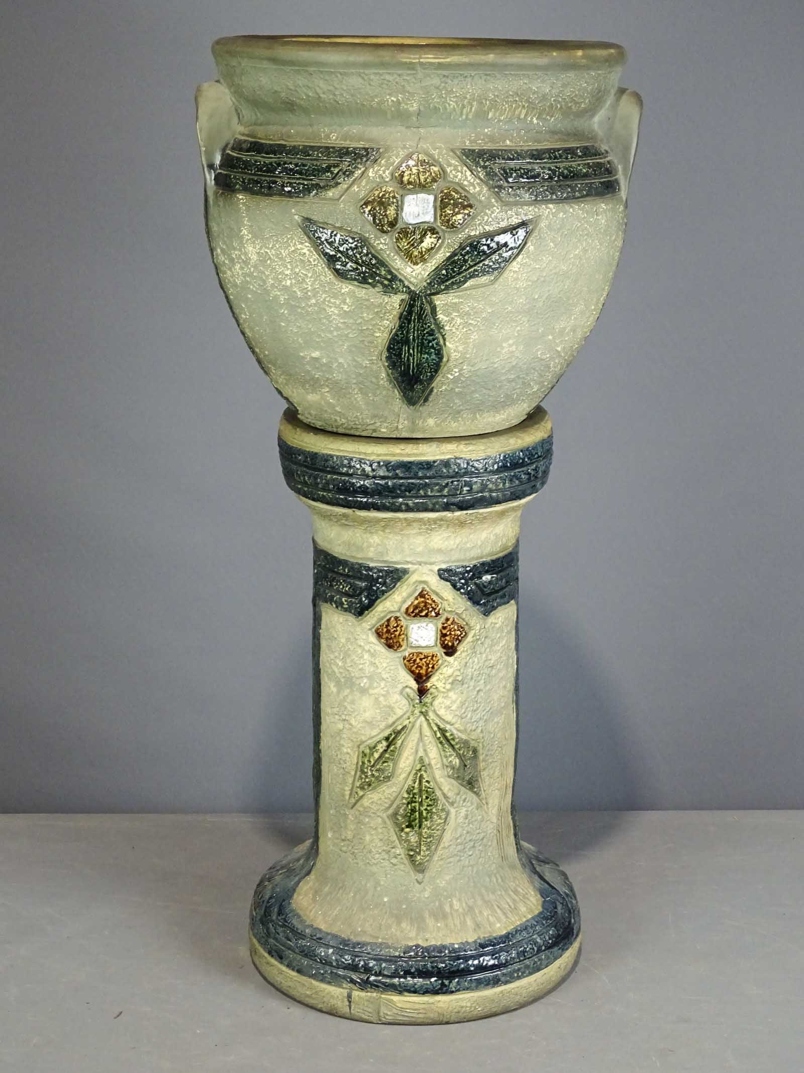 Jardiniere and Pedestal: Jardiniere and pedestal. 35" Ht.. Barbara Packer Collection. Chip to handle, base has line.