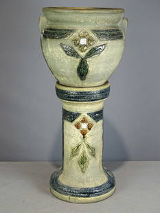 Jardiniere and Pedestal: Jardiniere and pedestal. 35" Ht.. Barbara Packer Collection. Chip to handle, base has line.