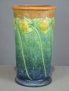 Roseville Umbrella Stand: Roseville Umbrella stand. 21" Ht.. Barbara Packer collection. Base has some chips, glaze defect at top rim.