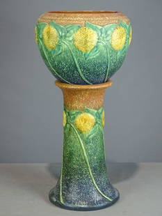 Roseville Jardiniere and Pedestal: Roseville Jardiniere and pedestal. Barbara Packer Collection. 28 1/2" Ht.. Good condition.