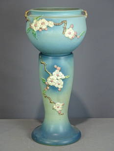 Roseville Jardiniere and Pedestal: Roseville Jardiniere and pedestal. Barbara Packer Collection. 31" Ht.. Crazing, light scratches, otherwise good condition.