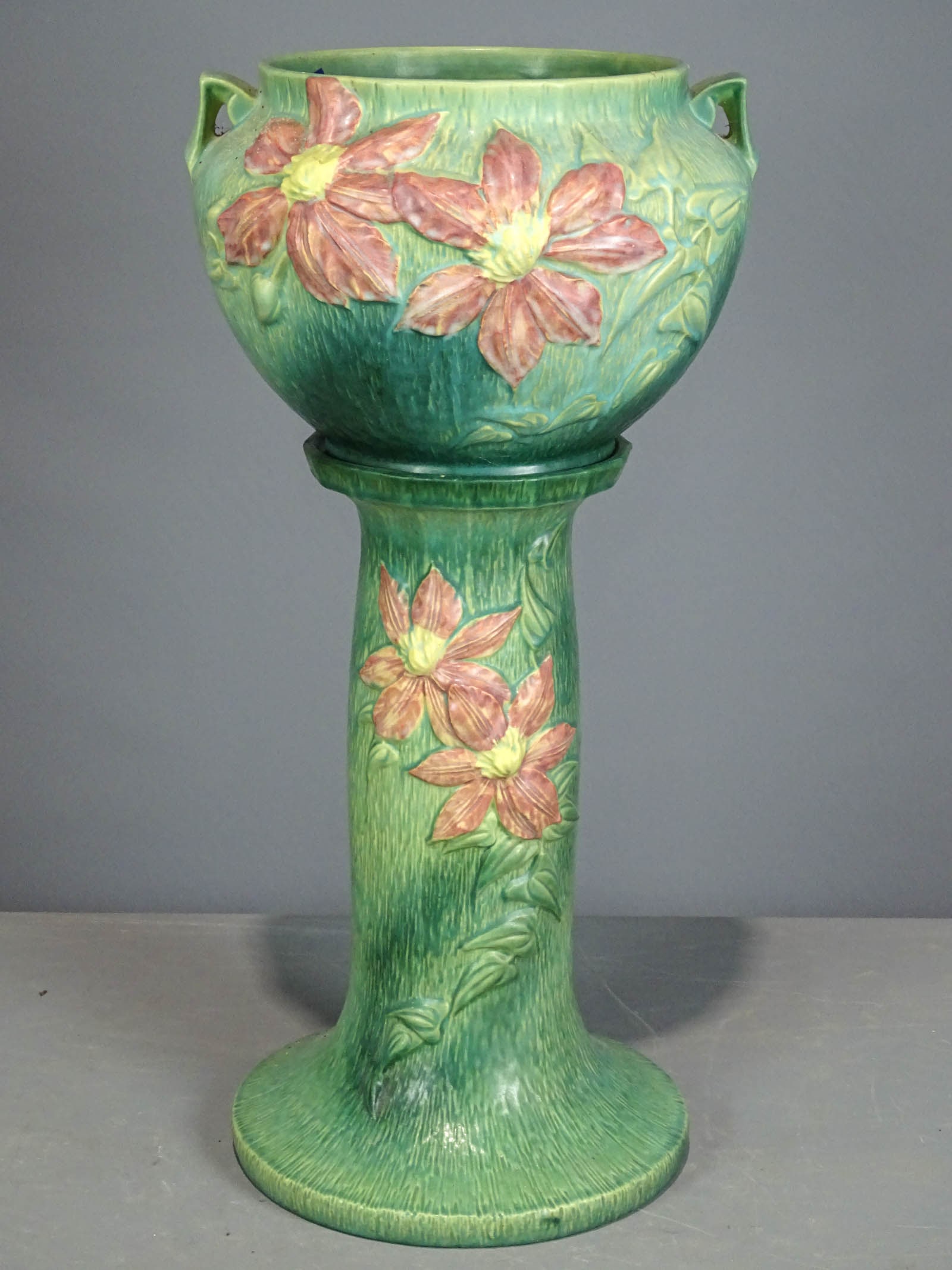 Roseville Jardiniere and Pedestal: Roseville Jardiniere and pedestal. Barbara Packer Collection.25" Ht.. Slight crazing, otherwise good condition.