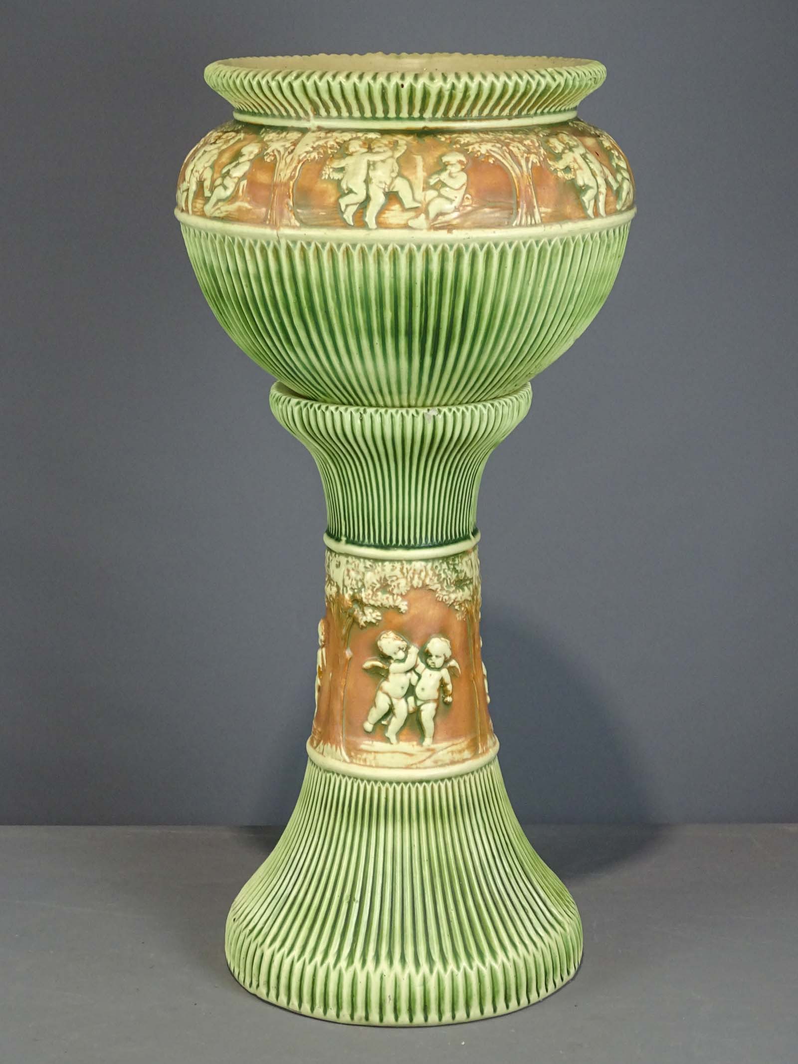 Jardiniere and Pedestal: Jardiniere and pedestal. Barbara Packer Collection. 34" Ht.. Chip and crack on top of base, otherwise good condition.