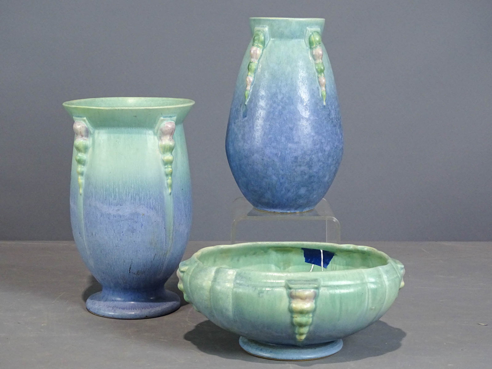 Roseville Lot: Lot (3) pieces of Roseville including (2) vases (one has imperfection near rim (tallest 10 1/4" Ht.), planter. Barbara Packer Collection. Good condition.