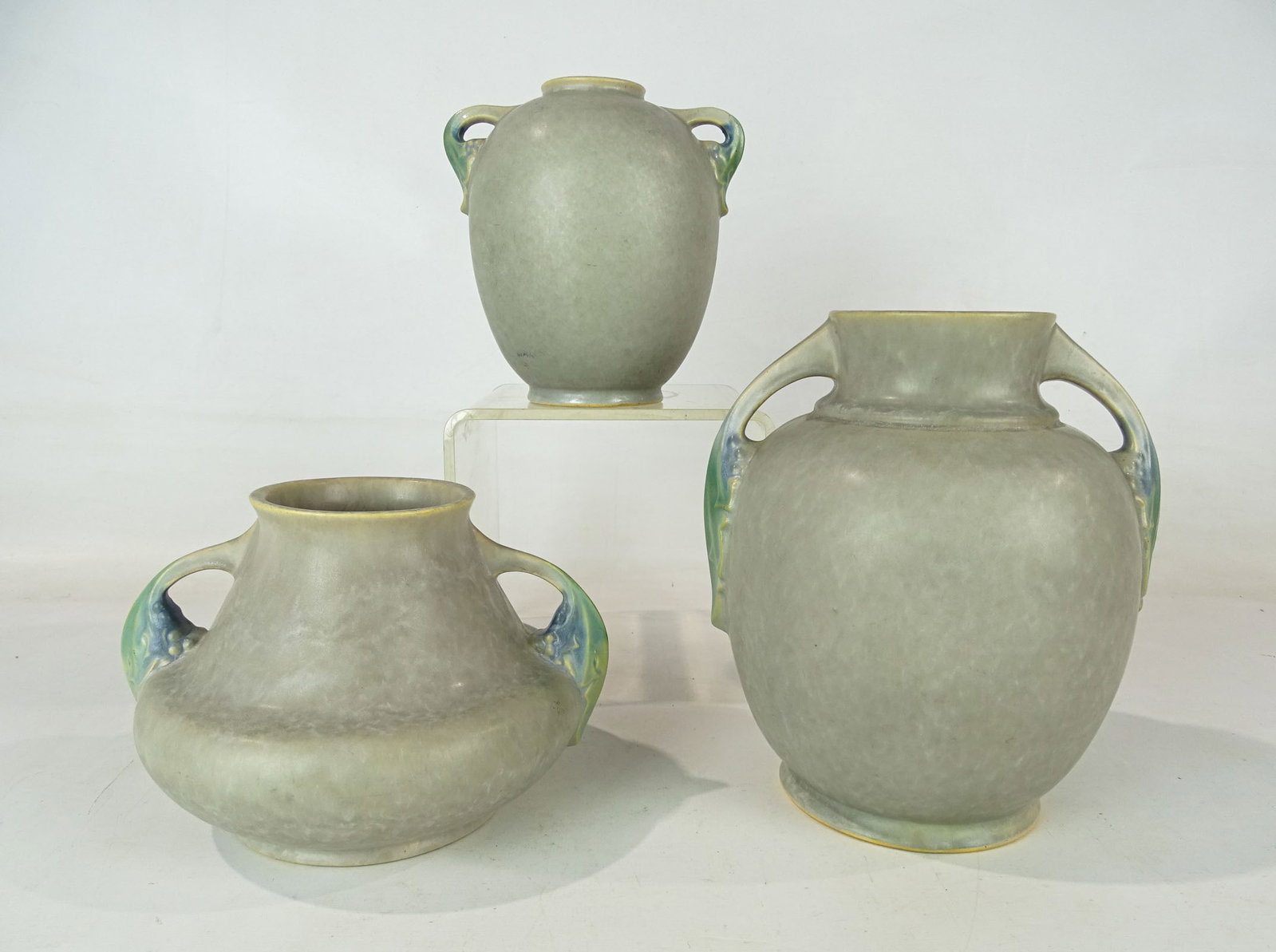 Roseville Lot: Lot (3) Roseville vases. Tallest 8 1/2" Ht.. Barbara Packer Collection. Good condition.