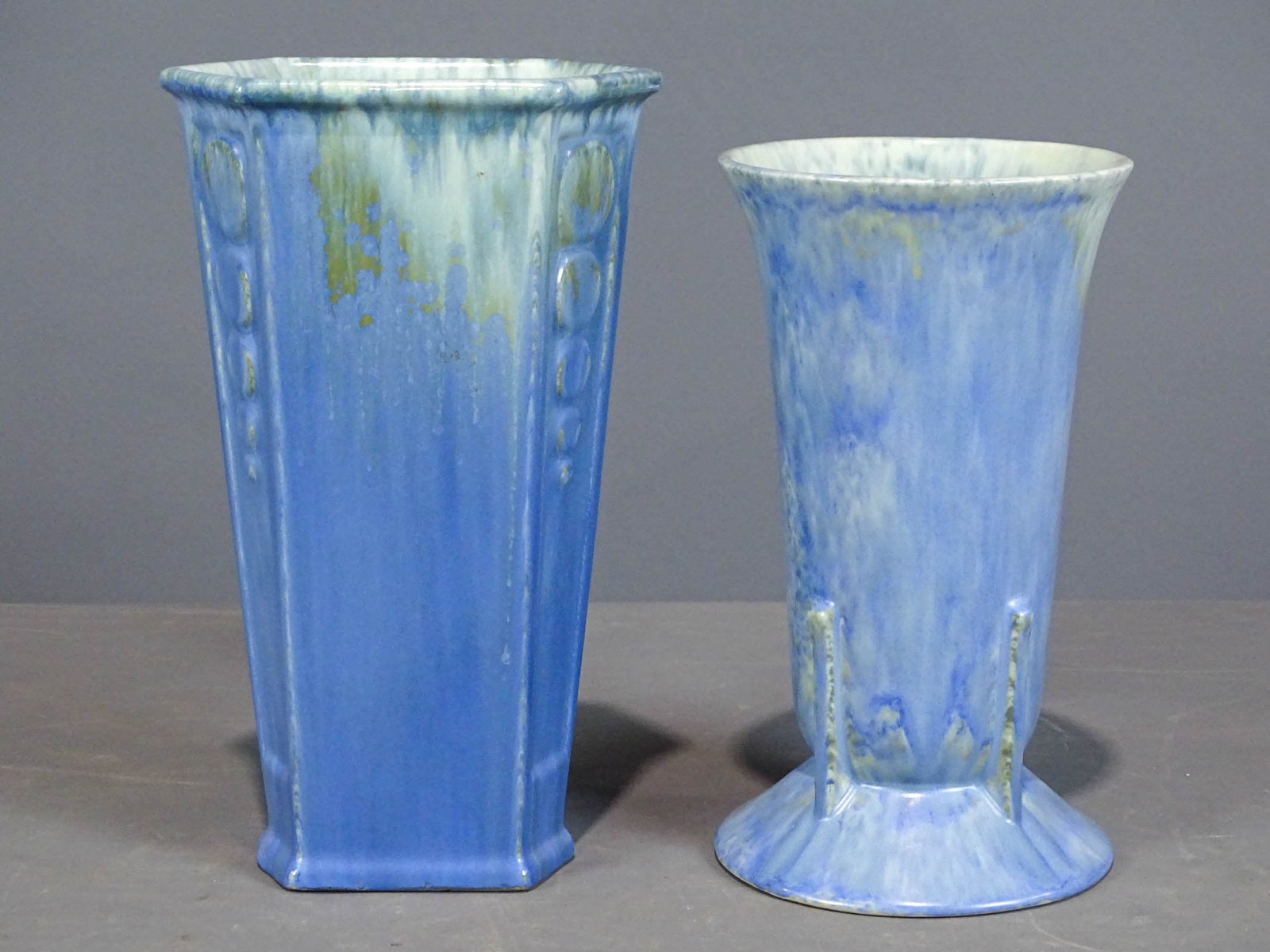 Roseville Lot: Lot (2) Roseville vases. Tallest 10 1/2" Ht.. Barbara Packer Collection. One Good condition., other has hairline in rim and chip to base.