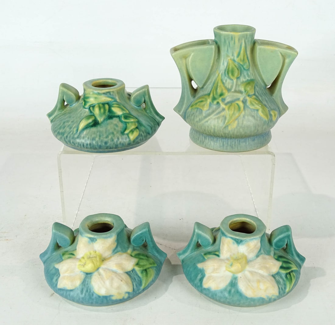 Roseville Lot: Lot (4) Roseville vases. Tallest 4 1/2" Ht.. Barbara Packer Collection. Good condition.