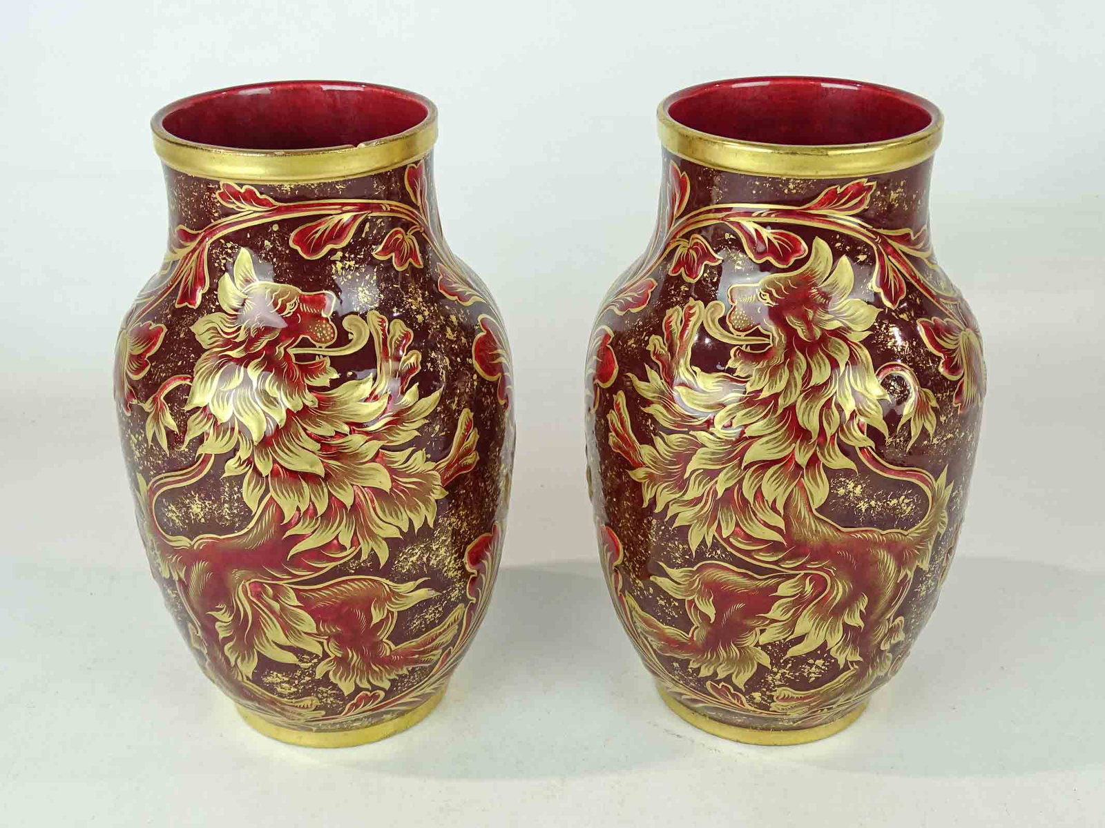 Pair Luneville Vases: Pair of Luneville vases. 10" Ht.. One good condition, the other has rim chip/line. Barbara Packer collection.