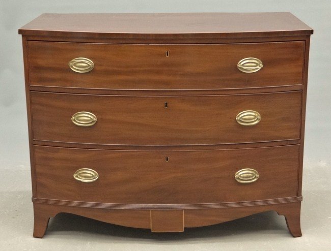 19th c. Hepplewhite Chest Drawers: 19th c. bowfront Hepplewhite three drawer chest. 43" W 22 1/2" D 34" Ht.