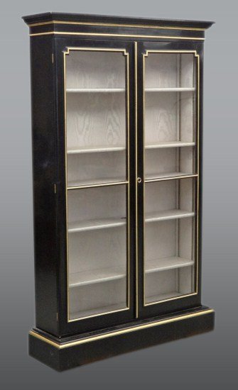 19th c. Ebonized China Cabinet: 19th c. ebonized wall cabinet with two glass doors. 46" W 12" D 6' 11" Ht.