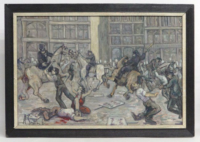 Painting Arthur Smith: Painting oil on masonite Labor Union riot in Chicago signed and dated "A. Smith '40" (Arthur Smith). Sight 23 1/2" x 35 1/2".