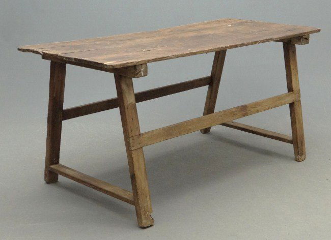 Primitive Farm Table: Primitive stretcher base farm table. Top 30" x 67", 32" Ht.