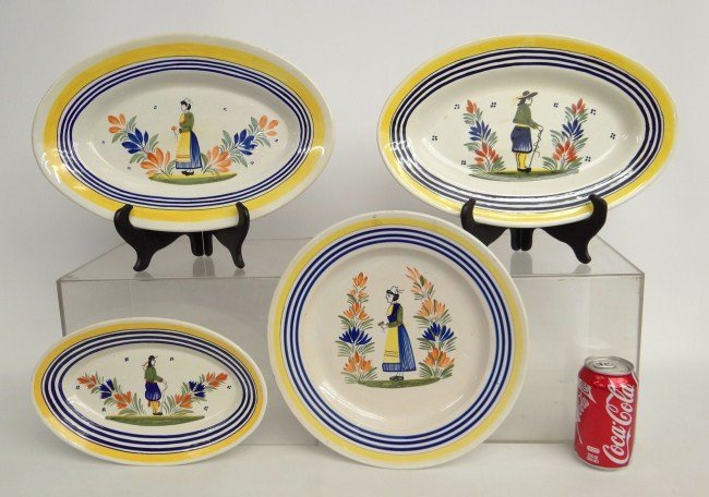 Quimper Platter Lot: Lot of four Quimper faience platters. Classic Breton peasant pattern by Henriot. Minor wear.