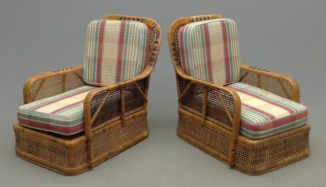 Vintage Rattan Chairs: Pair Vintage rattan chairs with cushions. 30" Overall Ht., 28" D.