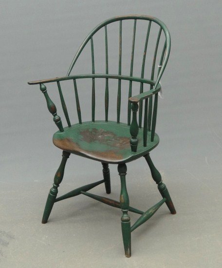 19th c. Windsor Chair: 19th c. sackback Windsor chair in green paint. 18" Seat Ht. 39" Overall Ht.