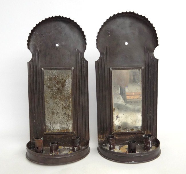 Candle Sconces: Pair tin and mirrored candle sconces. 19" Ht.