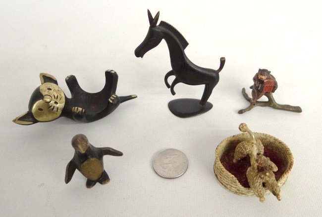 Austrian Bronze/Hagenauer Lot: Lot including monkey with squeeze box, penguin, dog in bed, Hagenauer horse, Bauer cat.