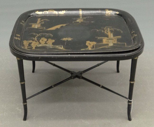 Tole Tray Table: Tole tray on custom base., has Asian painted decoration. Top 24" x 30", 20" Ht.