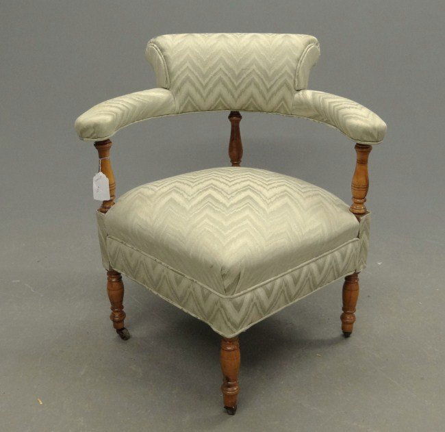 19th c. Corner Chair: 19th c. turned leg and back upholstered corner chair. 18" Seat Ht. 30" Overall Ht.