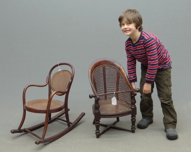 Child's Chairs: Lot of three child's chairs including bentwood rocking chair labeled "Vienna Austria" and 19th c. cane seat English chair.