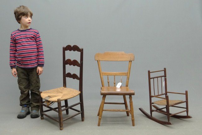 Child's Chairs: Lot three child's' chairs including French ladderback, Penna. 1/2 spindle and rodback rocker.