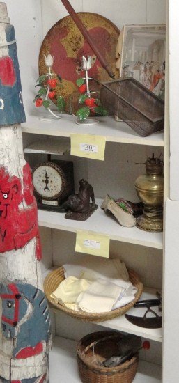 Misc. Lot: Misc. lot including chopper, baskets, scale, textiles etc.