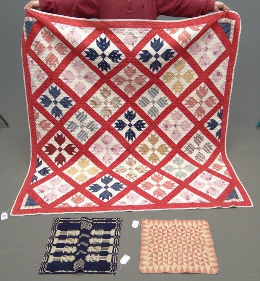 Textile Lot: Textile lot including bear paw quilt (damaged), crib quilt and coverlet fragment.