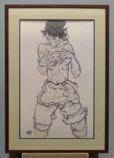 Egon Schiele Print: Egaon Schiele print partially nude woman. Sight 24" x 38".