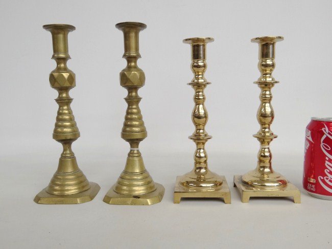 Candlestick Lot: Lot two pair brass candlesticks, one pair 19th c. marked "England".
