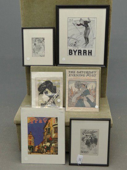 Advertising Lot: Misc. framed and unframed advertising lot including Saturday Evening Post, "BYRRH" skiing print, Columbia Bicycles ad etc.