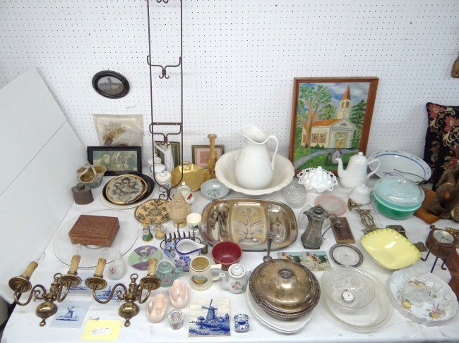 Lot: Large misc. lot including sconces, ironstone, silverplate, paintings, needlework pillows, frames, porcelains