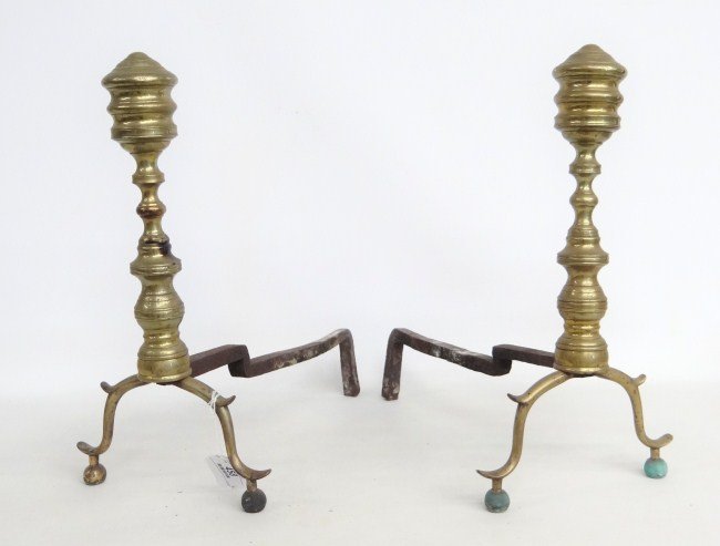 Empire Andirons: Pair 19th c. brass beehive andirons. 18 1/2" Ht.