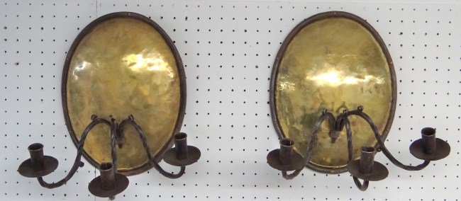 Wall Sconces: Pair early brass and iron oval two part wall sconces. 13" Ht.