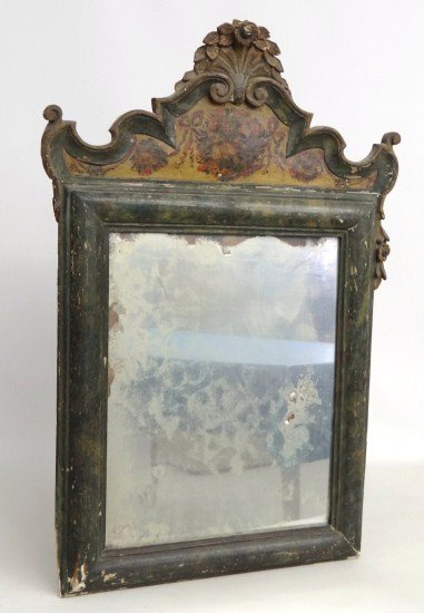 Continental Mirror: Early polychrome painted Continental mirror. As found. 18" W 30 1/2" Ht.