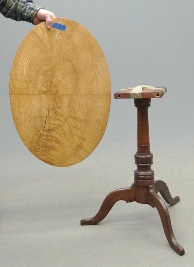 Candlestand: 19th c. tilt top candlestand. As found condition. Top seperated.