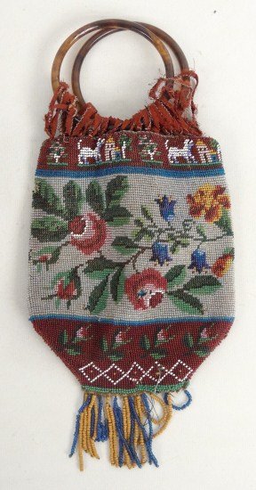 Beaded Bag: 19th c. beaded bag with dogs, houses and floral design.