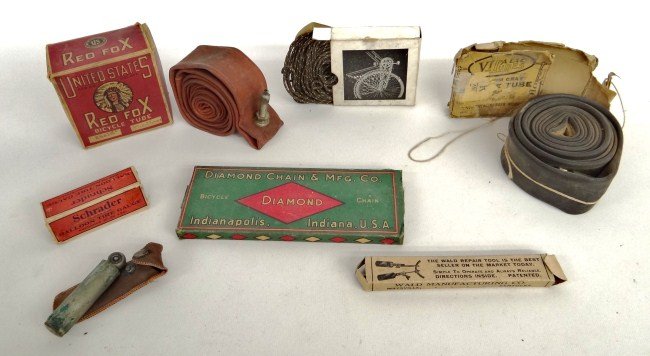 Bicycle Parts Lot: NOS lot including "Red Fox" tube, "the Wald BB" repair tool, "Diamond" chain etc.