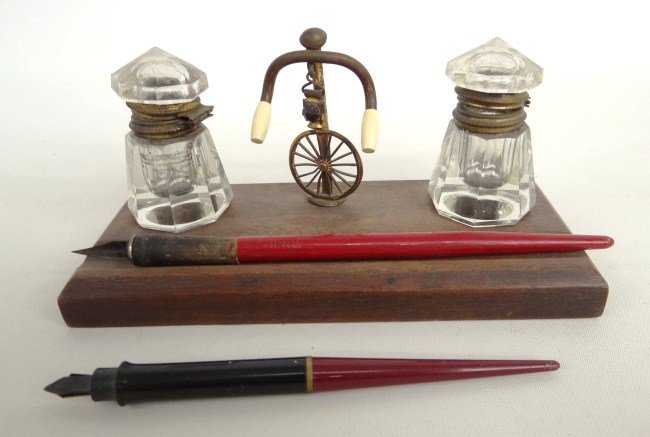 Bicycle Desk Set: Desk pen holder with handlebar design and ink cups.