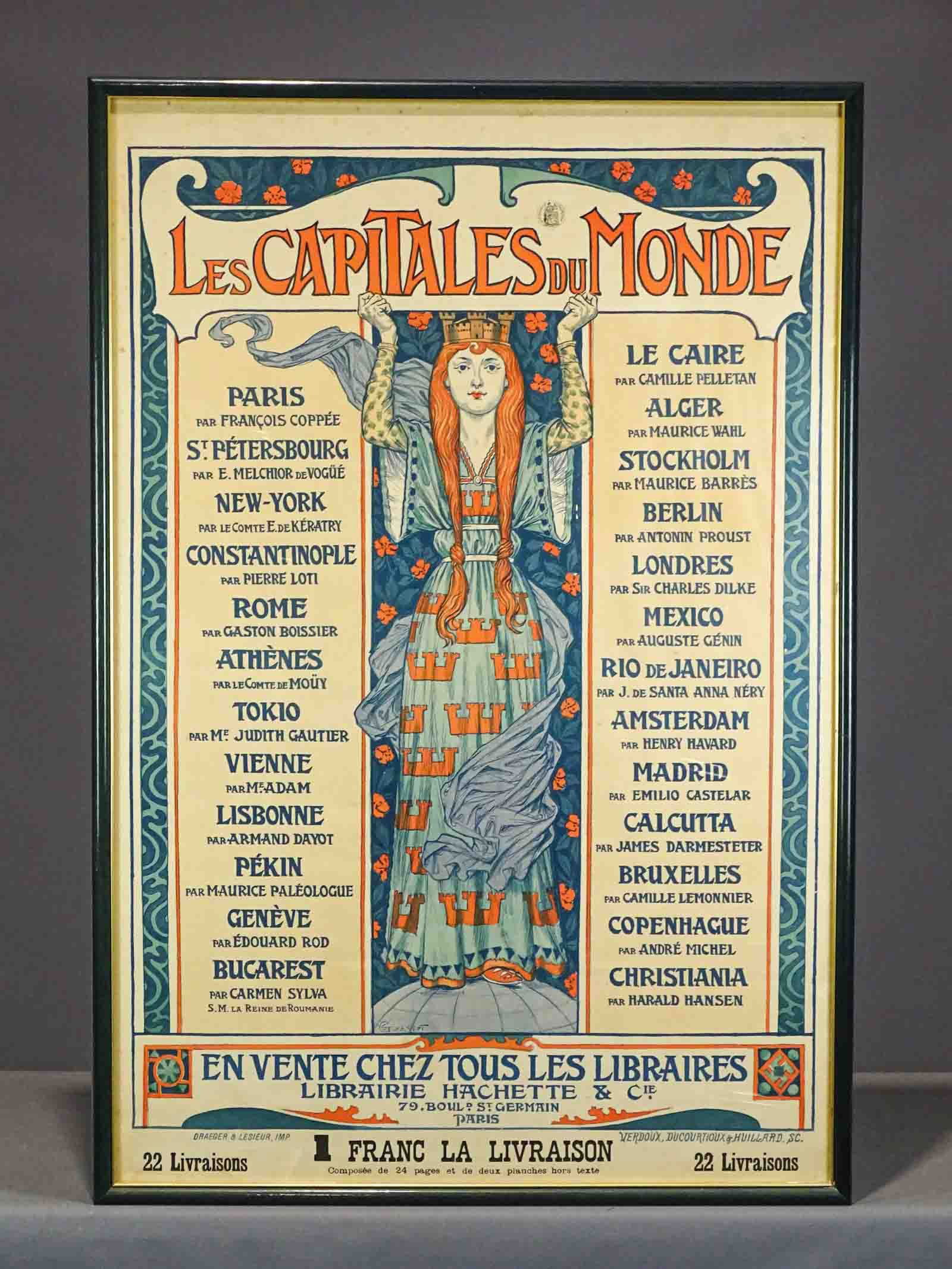 Poster "Les Capitales Du Monde": Early poster "Les Capitales Du Monde". Eugene Grasset C. 1892. Sight 47" x 31", overall 50" x 33 1/2".