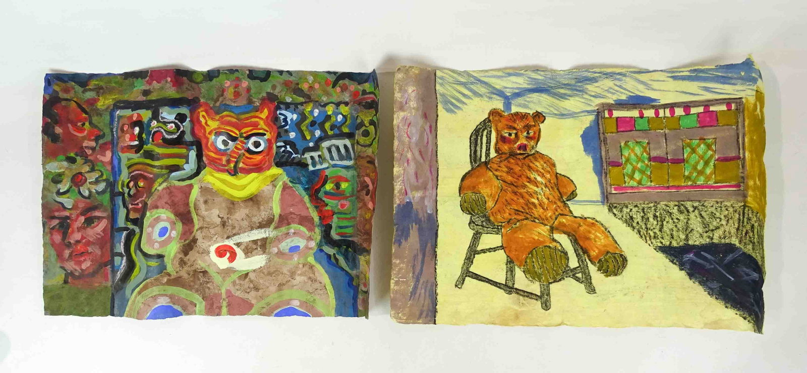 Two Unframed Outsider Pastels: Two unframed outsider pastels on paper. 16" x 23". Signed verso Irwin Hollander, Wells Bridge, NY.