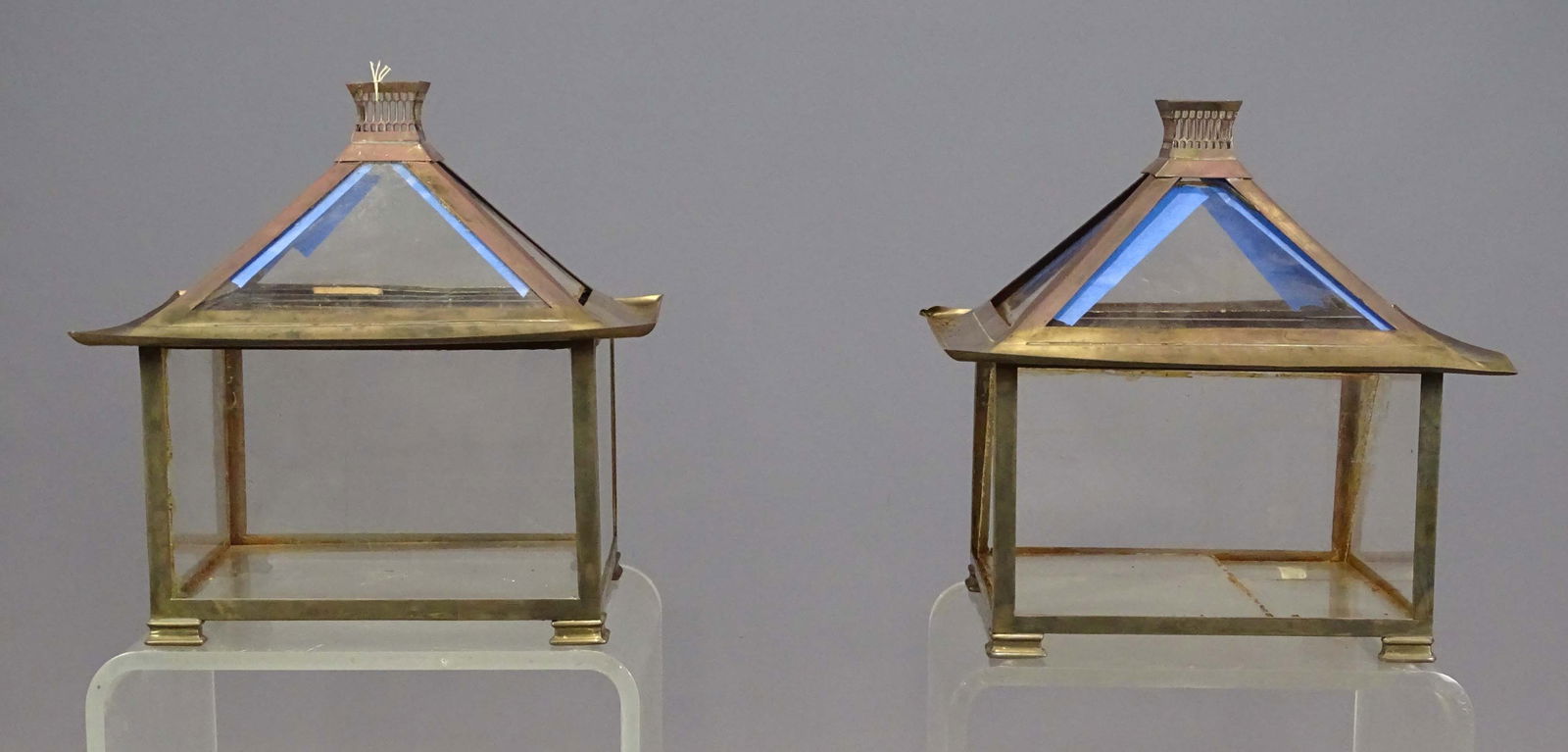 Brass and Glass Cases: Two brass and glass cases. As found. 15" x 15" x 17".