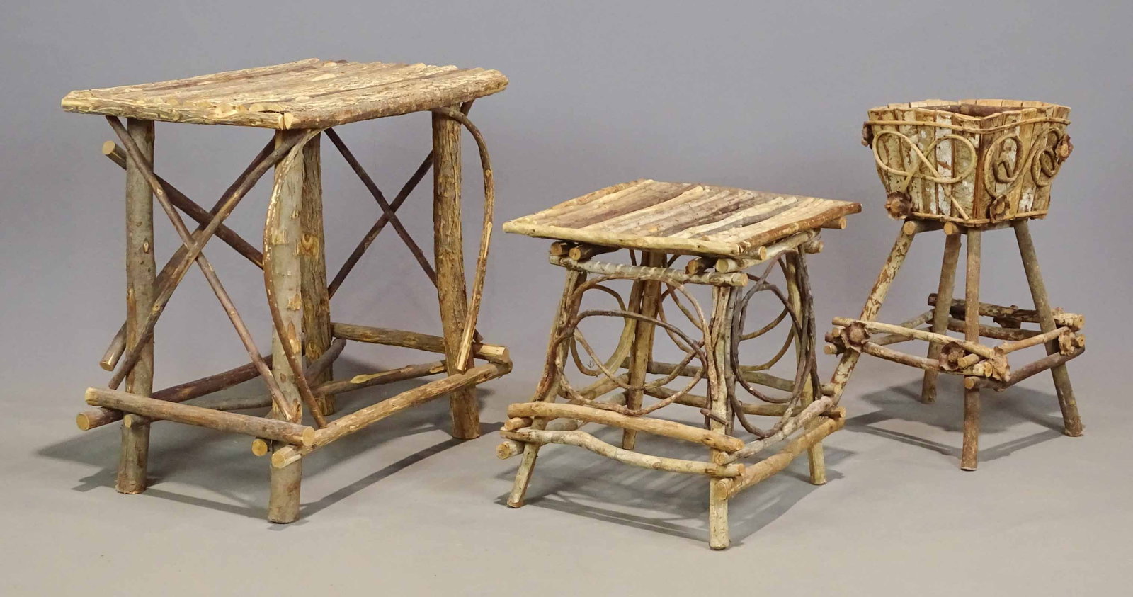 Twig Furniture Lot: Lot (3) pieces of twig furniture including planter (13" x 13" x 24"), table (25" x 17" x 26"), table (16" x 16" x 18").