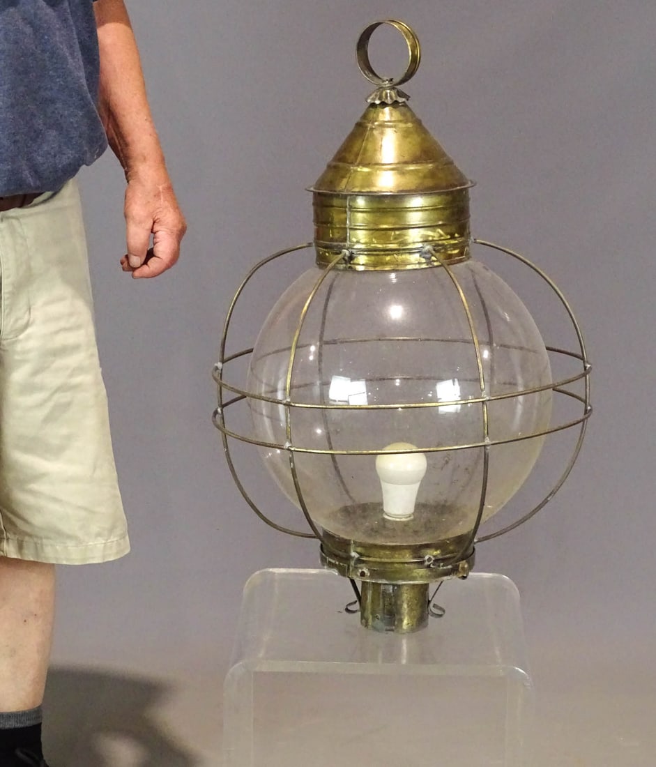 Brass and Glass Lantern: Large brass and glass lantern. 28" Ht..