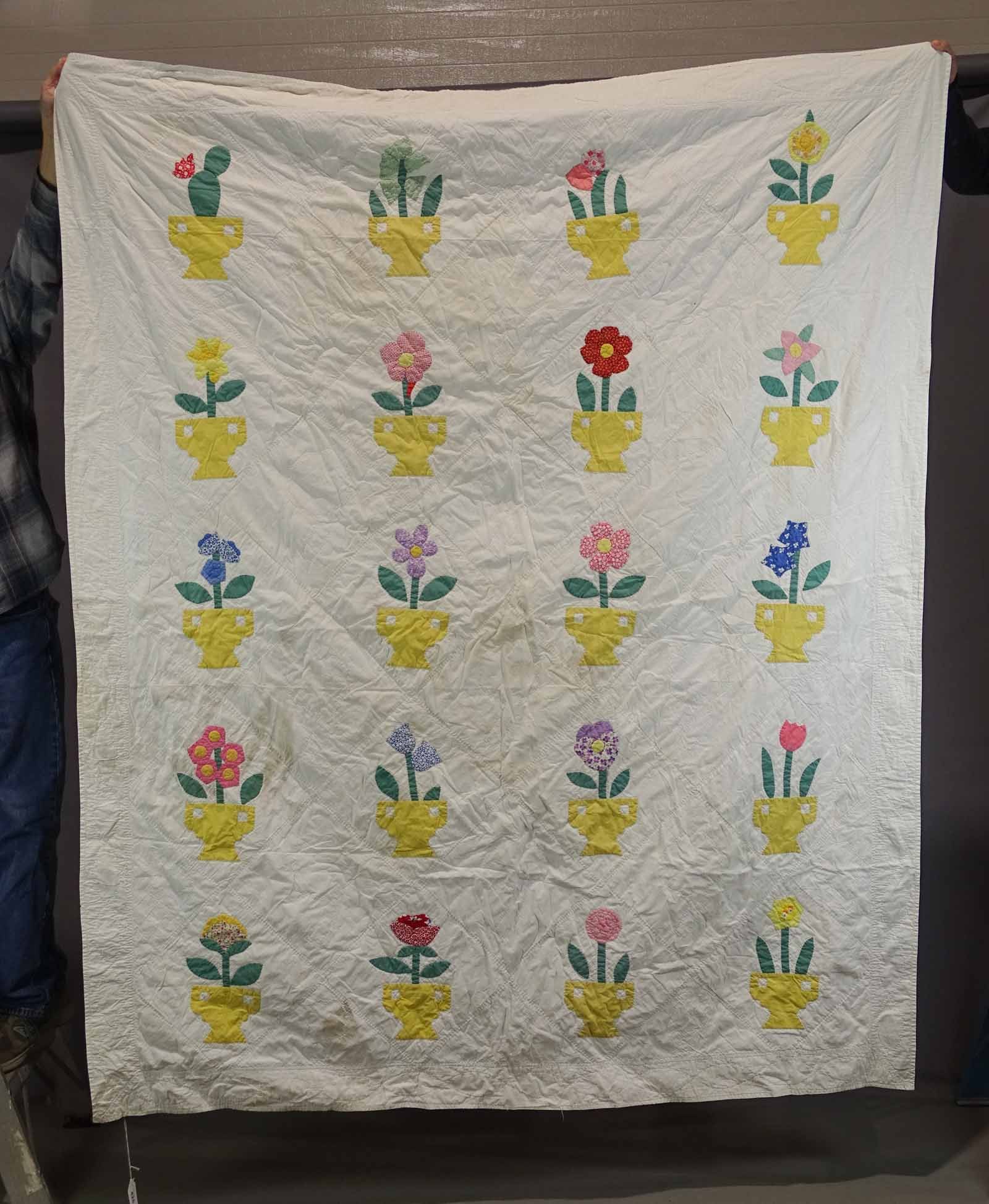 Pots of Flowers Quilt: C. 1940's Pots of Flowers quilt. 68" x 80".