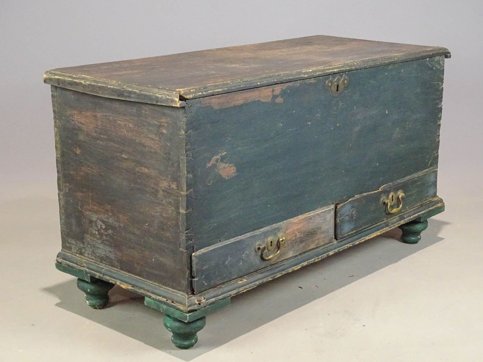 19th c. Blanket Box: 19th c. two drawer blanket chest in green paint. 43 1/2" x 18 1/2" x 24" Ht..