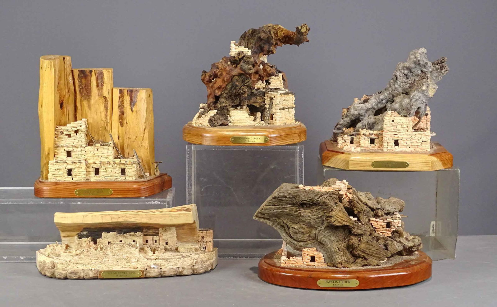 P. Ronald Sculptures: Lot (5) wood and mixed media sculptures of Navajo dwellings. Largest 12" x 14".