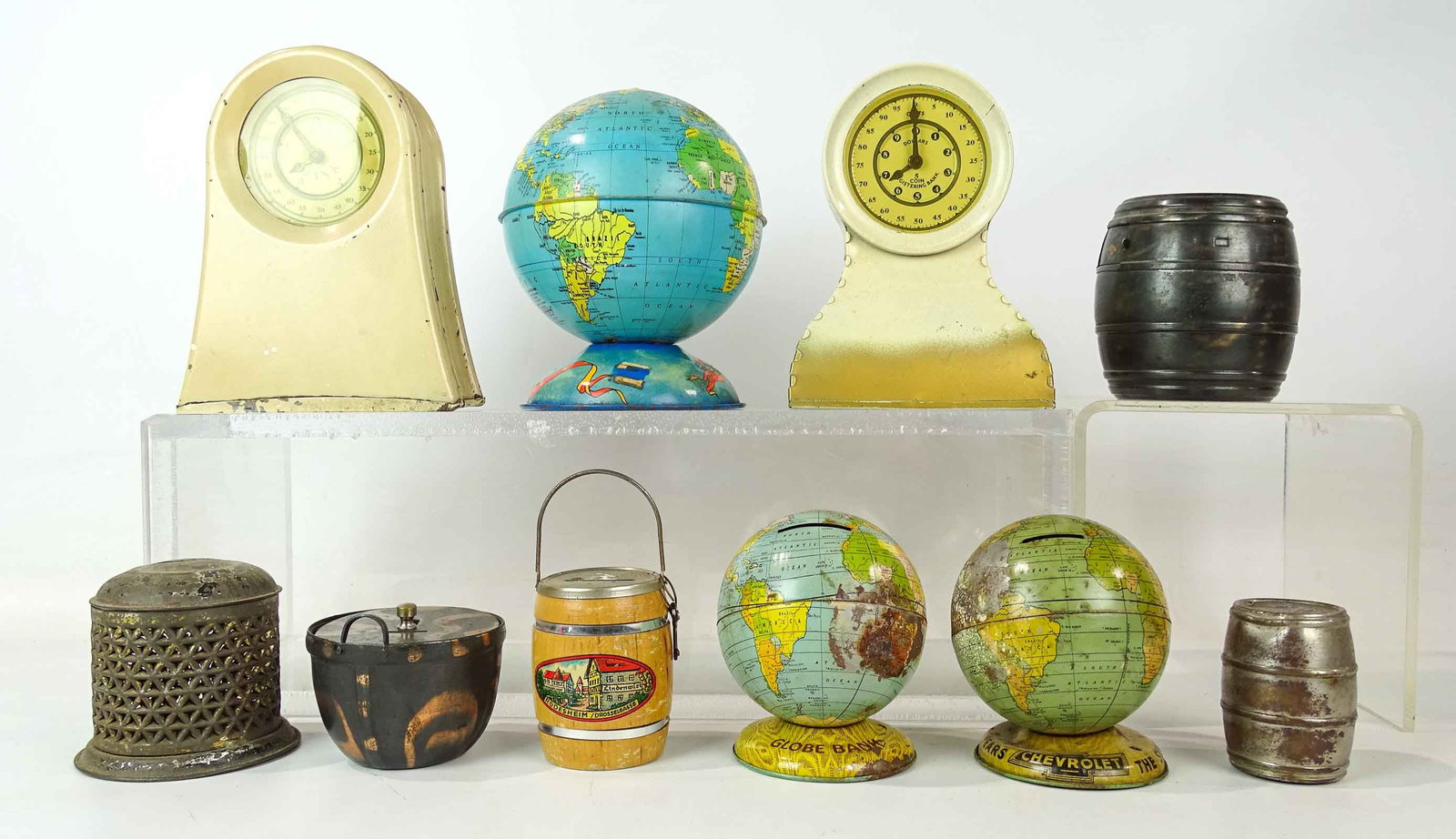 Bank Lot: Lot (10) various banks including globes, scales, barrels etc..